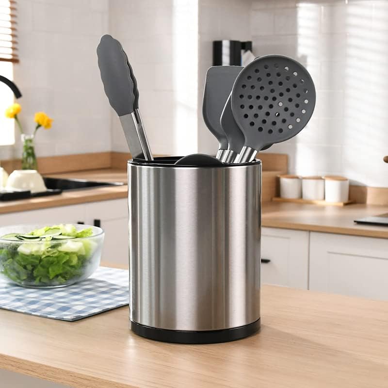 Stainless Steel Cooking Utensil Holder, 360° Rotating Kitchen Utensil Holder, Utensil Caddy Storage Organizer for Countertop