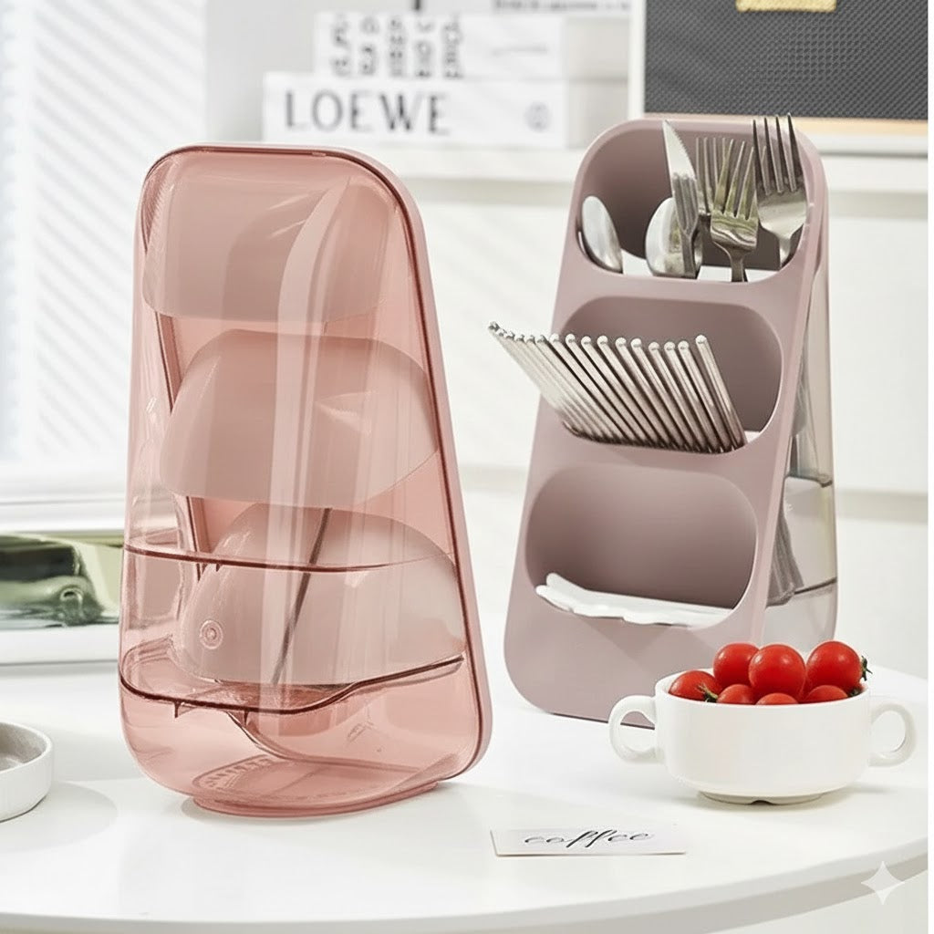 Vertical 3-Compartment Cutlery Organizer & Drainer, Oblique Plug-In Cutlery Organizer