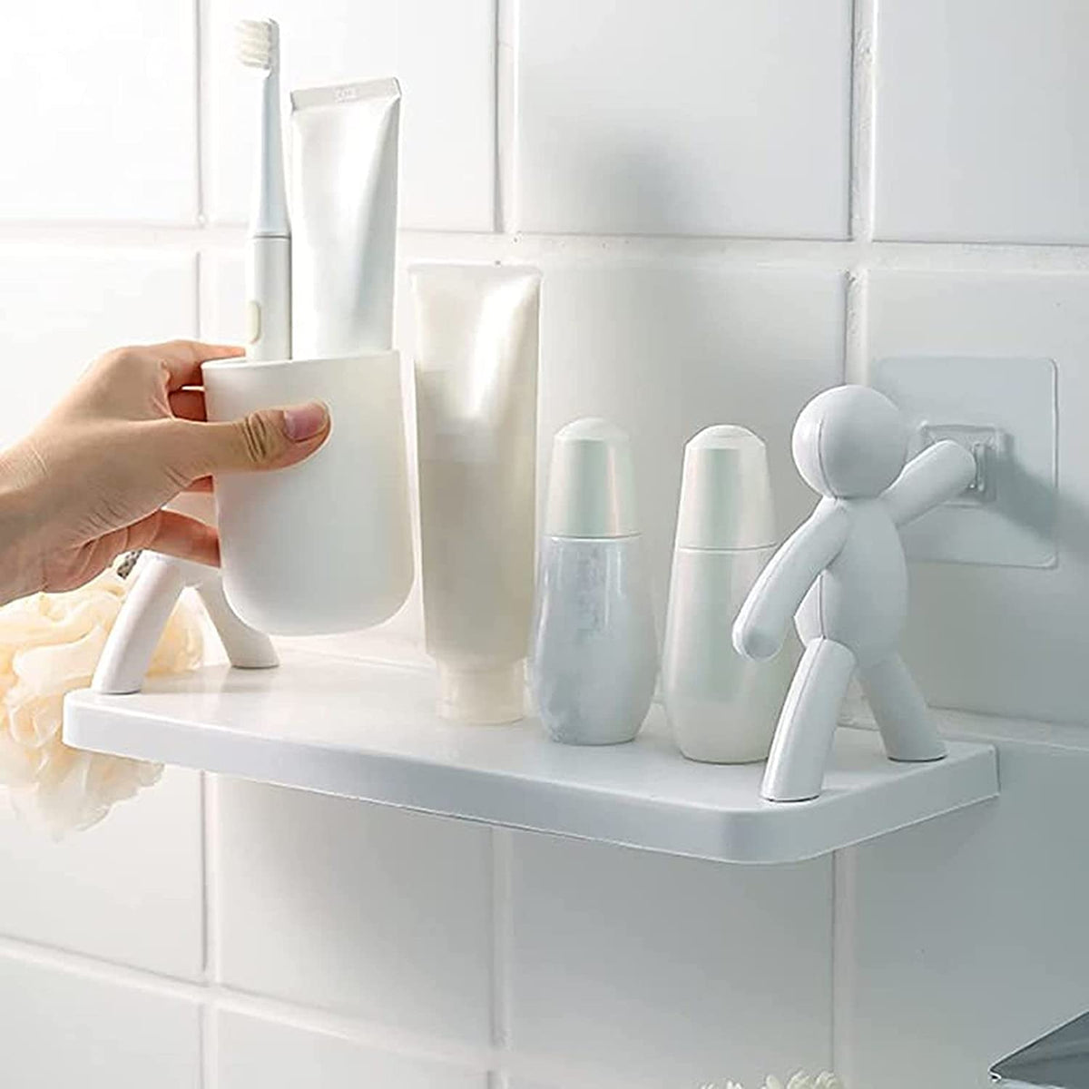 Wall Hanging Storage Shelf, Punching-Free Storage Rack For Kitchen & Bathroom (White)
