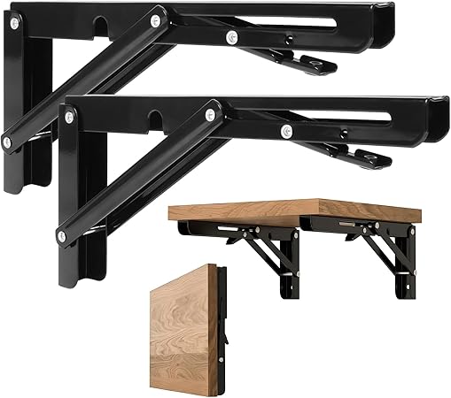 Folding Shelf Brackets - Heavy Duty Metal Collapsible Shelf Bracket for Bench Table, Wall Mounted Space Saving DIY Bracket, Max Load: 150 lb 2pcs