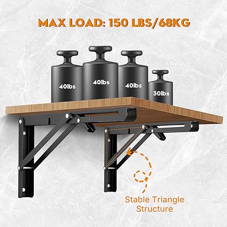 Folding Shelf Brackets - Heavy Duty Metal Collapsible Shelf Bracket for Bench Table, Wall Mounted Space Saving DIY Bracket, Max Load: 150 lb 2pcs