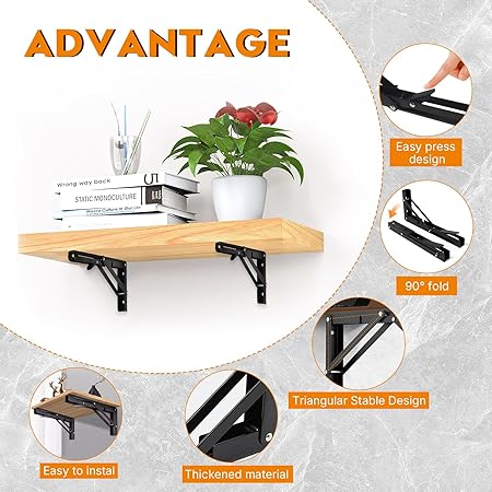 Folding Shelf Brackets - Heavy Duty Metal Collapsible Shelf Bracket for Bench Table, Wall Mounted Space Saving DIY Bracket, Max Load: 150 lb 2pcs