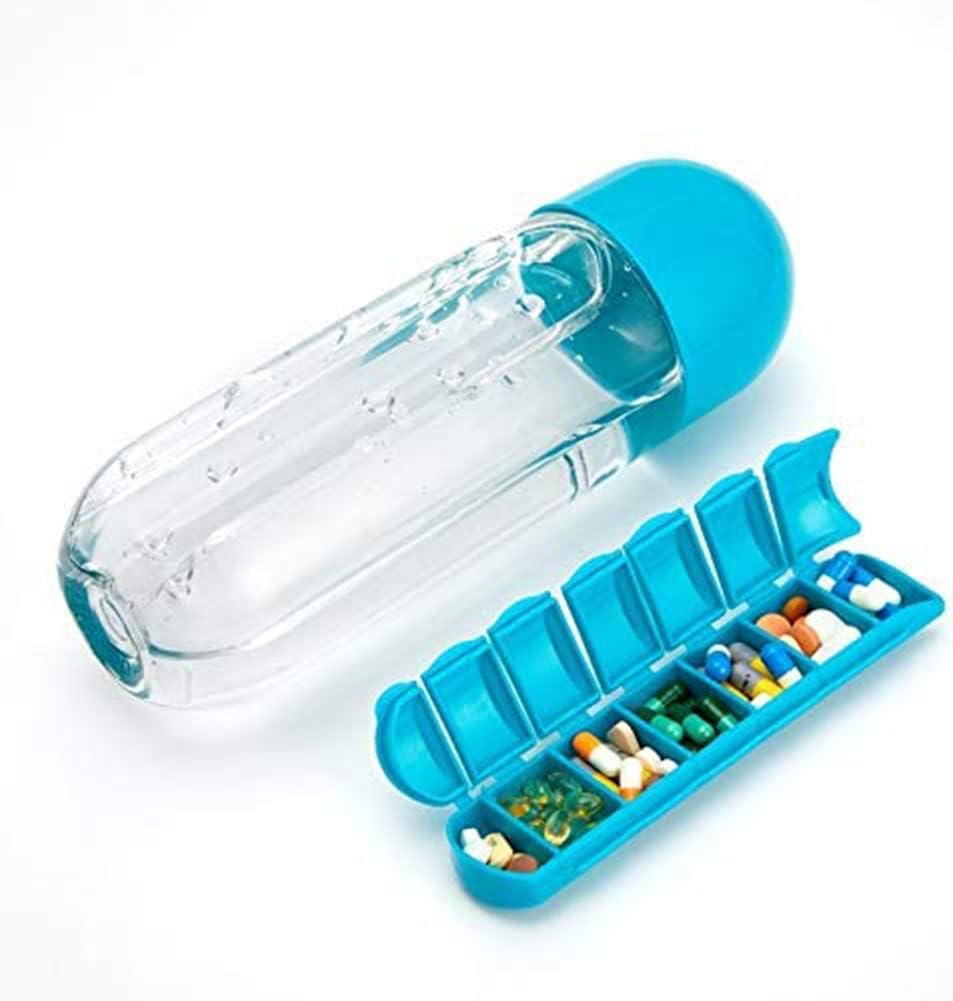 Water Bottle with Weekly Pill Organizer & Detachable Cup