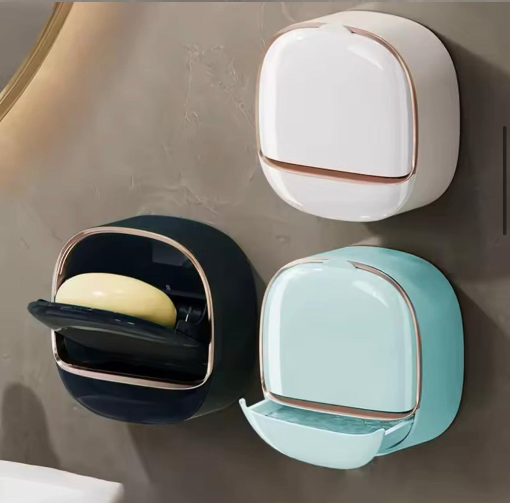 1Pc Wall Mounted Soap Holder With Lid And Drain Tray