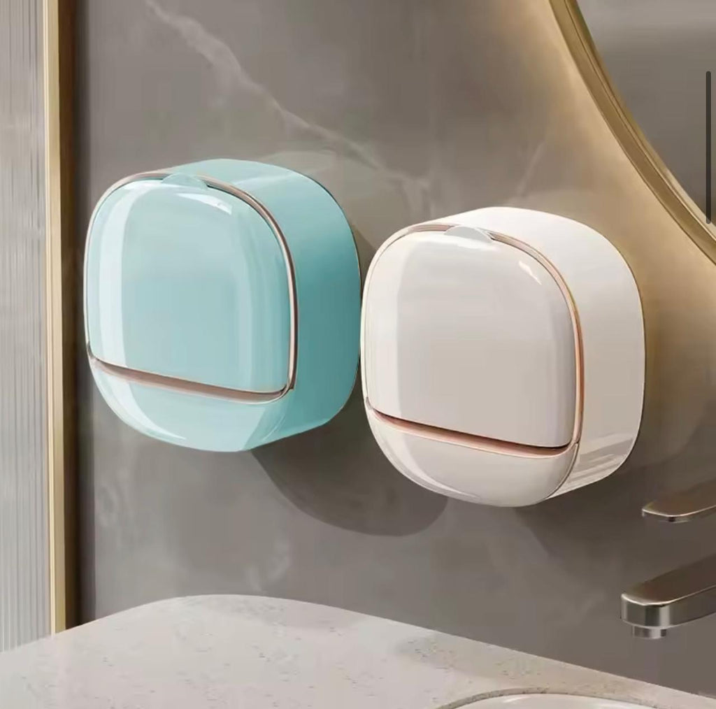 1Pc Wall Mounted Soap Holder With Lid And Drain Tray