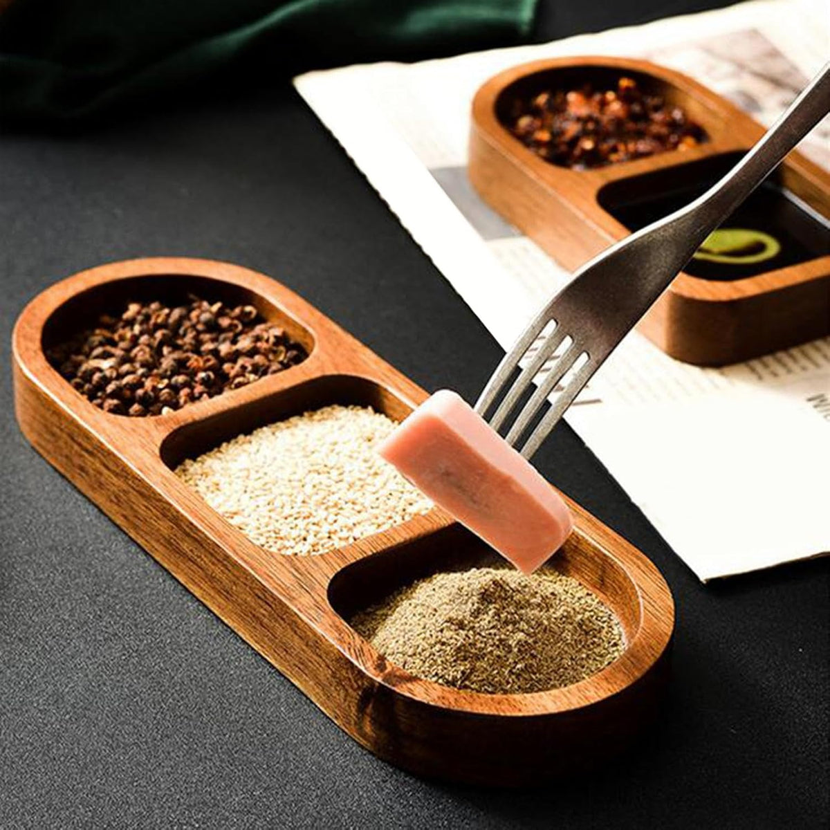 1pc Wooden 3-Compartment Serving Tray, Sauce Plates, Durable Wood Material, Serving Trays