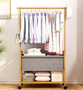 Wooden Coat Rack Stand With Fabric Basket Clothes Rack With 360° Wheels For Bedroom And Living Room
