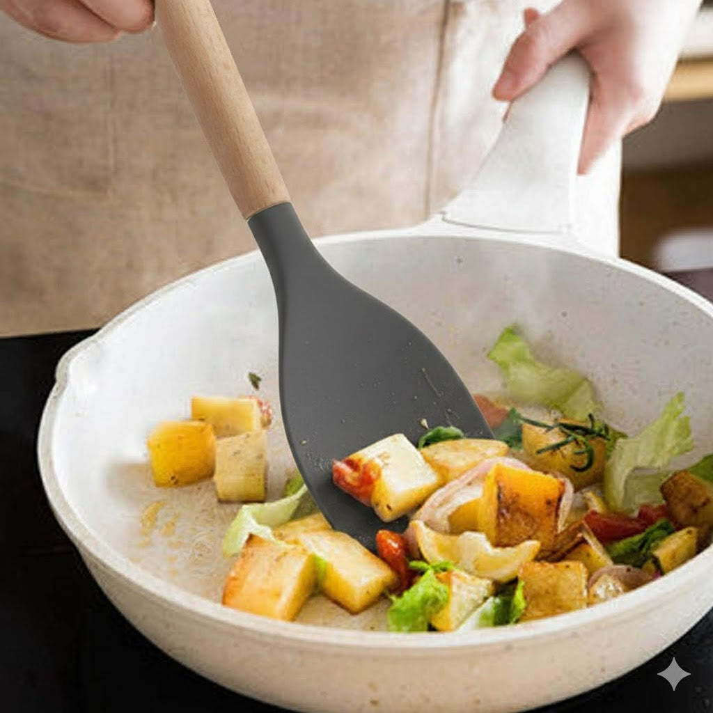 Wooden Handle Silicone Spatula Flexible & Heat-Resistant