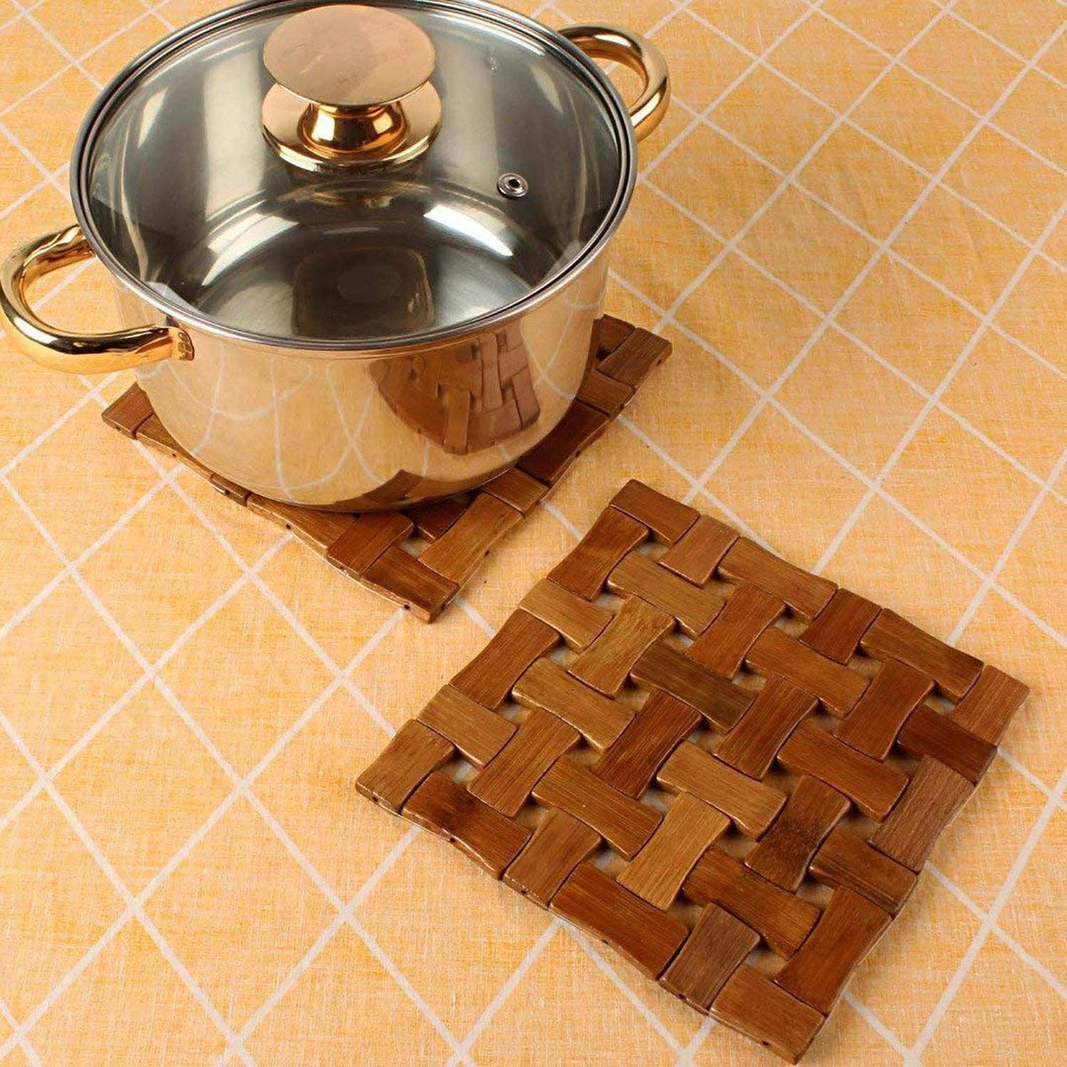 (Pack of 3) Bamboo Table Coaster Pan Pot Holder, Wooden Kitchen Coasters & Place Mats, Anti Slip Table Mat Square Shape