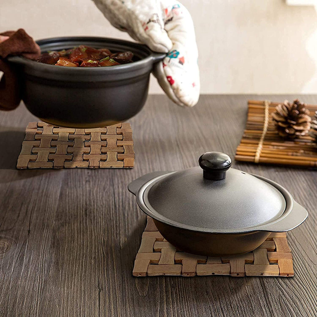(Pack of 3) Bamboo Table Coaster Pan Pot Holder, Wooden Kitchen Coasters & Place Mats, Anti Slip Table Mat Square Shape