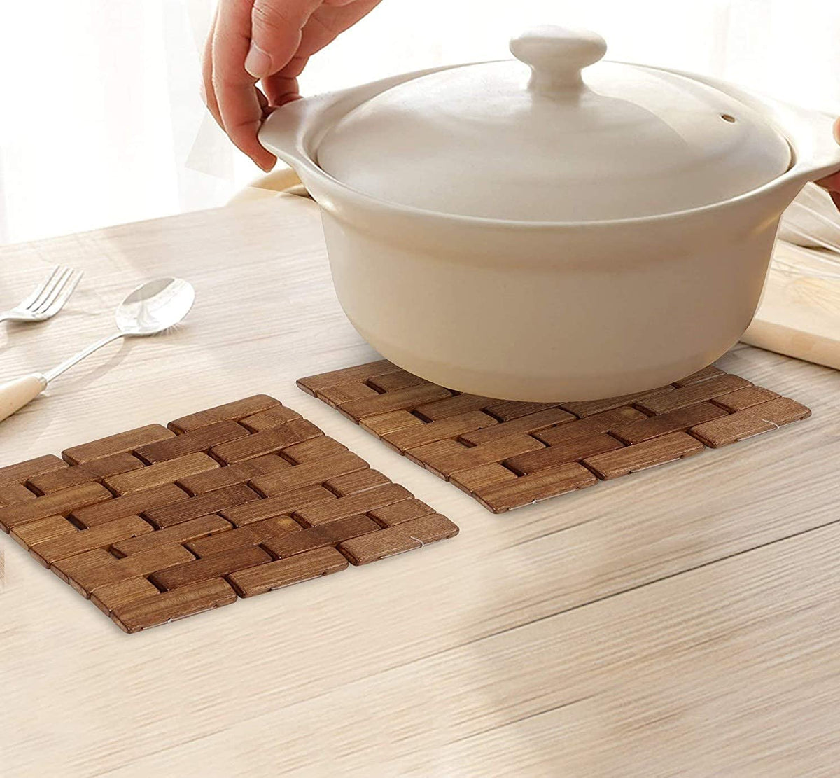 (Pack of 3) Bamboo Table Coaster Pan Pot Holder, Wooden Kitchen Coasters & Place Mats, Anti Slip Table Mat Square Shape