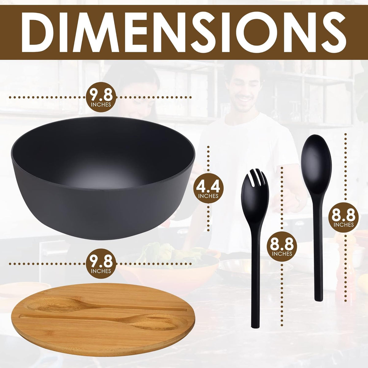 Bamboo Fiber Salad Bowl with Servers Set, Large Solid Wooden Salad Bowls With Lid, Fiber Spoon and Fork
