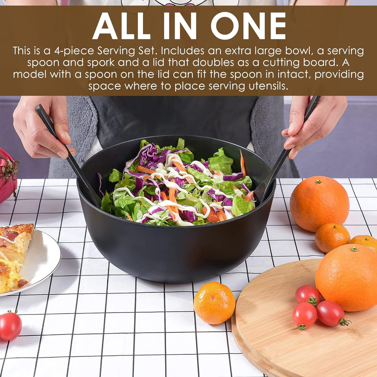 Bamboo Fiber Salad Bowl with Servers Set, Large Solid Wooden Salad Bowls With Lid, Fiber Spoon and Fork