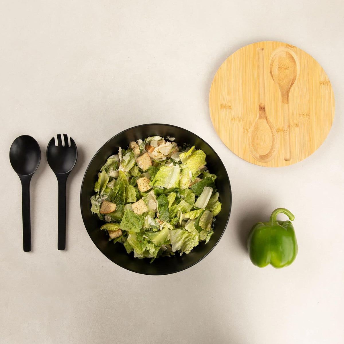 Bamboo Fiber Salad Bowl with Servers Set, Large Solid Wooden Salad Bowls With Lid, Fiber Spoon and Fork