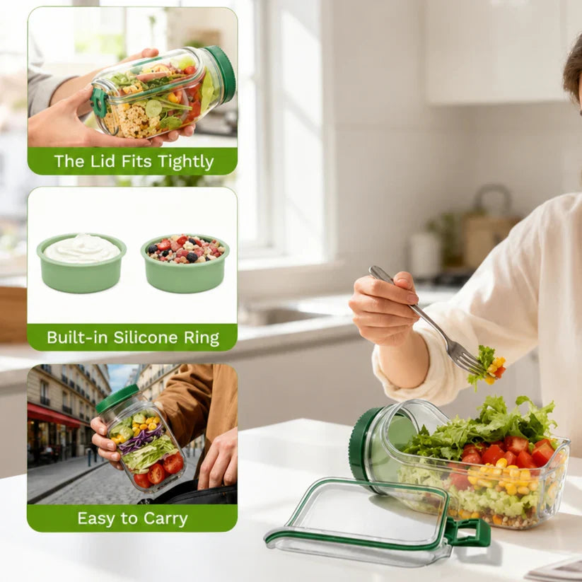 Airtight Mealvora Fresh Jar salad Container with Sauce Pot – Perfect for Meal Prep
