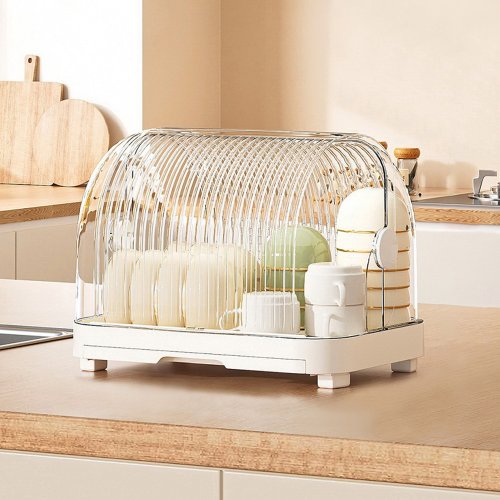 Kitchen Plate Rack With Lid Dish Tableware Storage Draining Box Cupboard