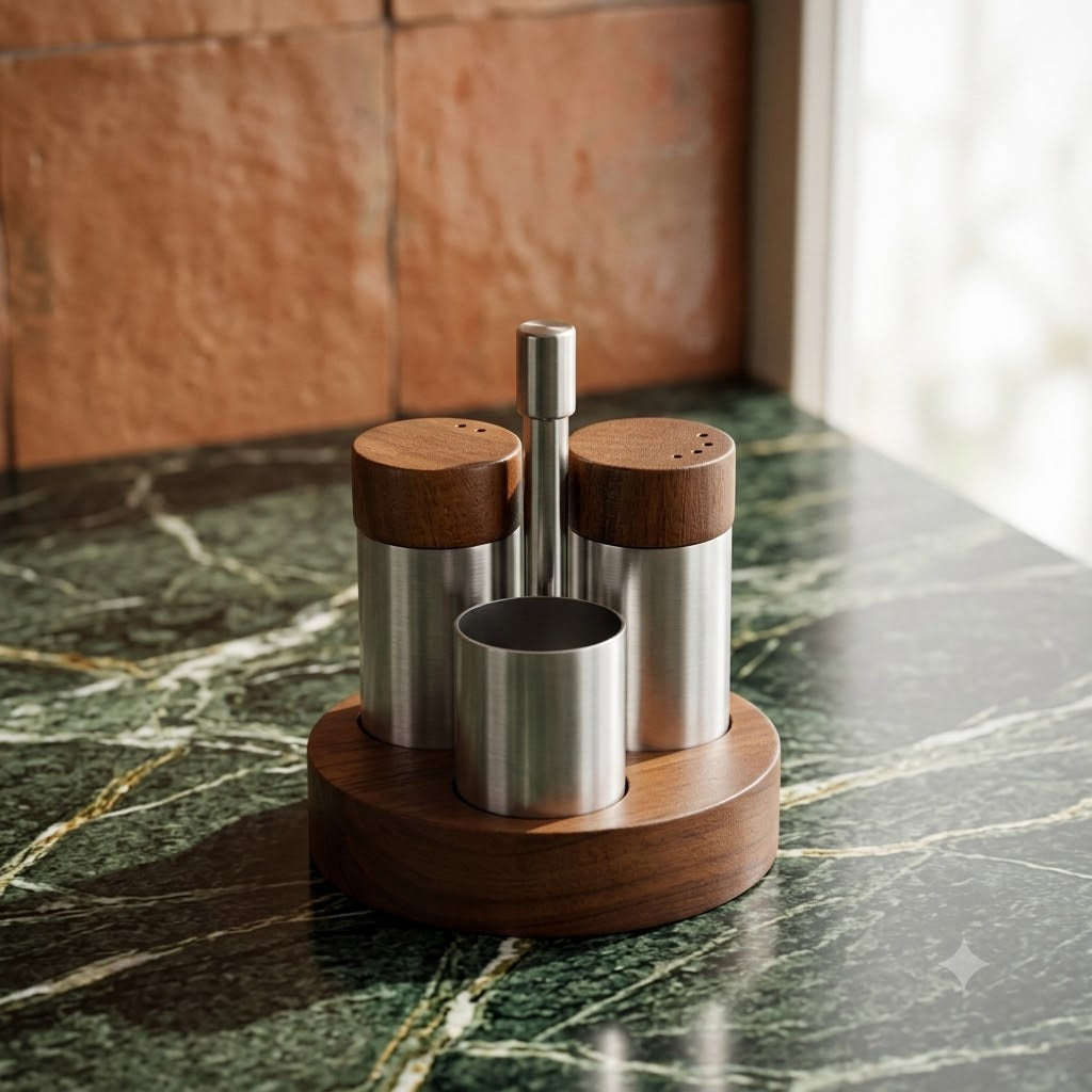 Salt and Pepper Shaker Set with Wooden Base