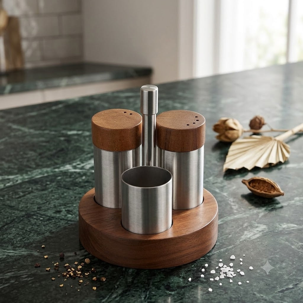Salt and Pepper Shaker Set with Wooden Base