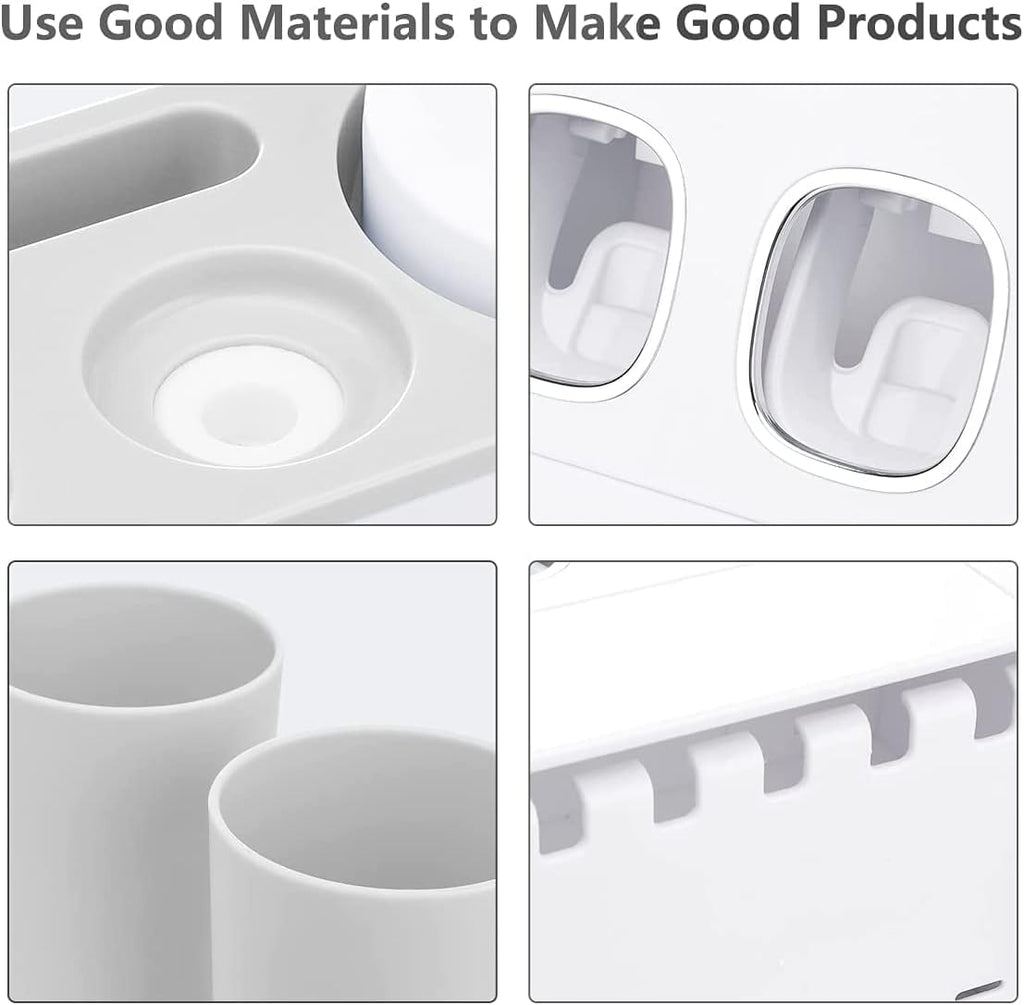 Wall Mount Automatic Toothpaste Squeezer Set, 2 Toothpaste Dispensers 4 Cups and 5 Toothbrush Slots Toiletries Storage Rack