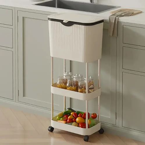 Kitchen Trash Can with Lid, Garbage Bin with Storage Rack, Narrow Waste Basket