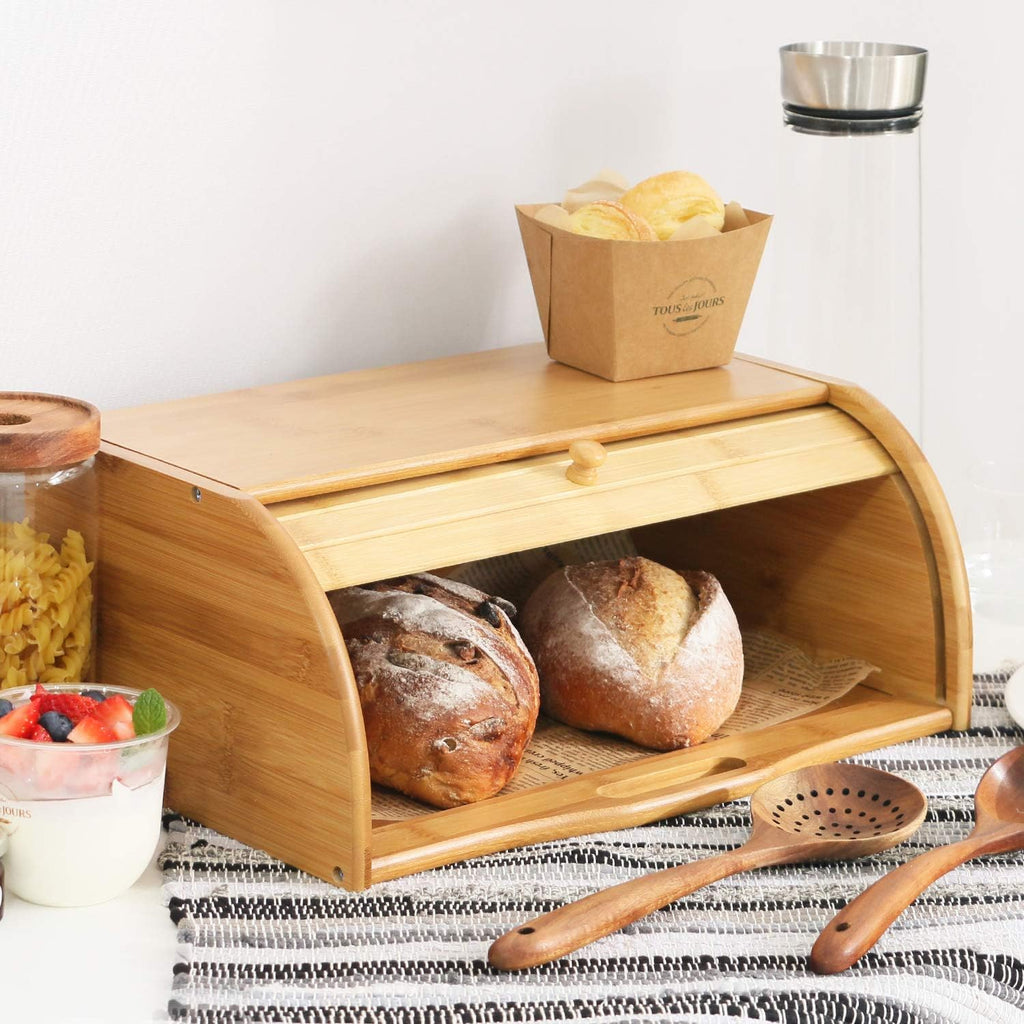 Large Bread Box Bread Basket Kitchen Counter Organizer - Roll Top Bread Box - Bread Box For Kitchen Countertop - Bamboo Wooden Boxes (Natural)